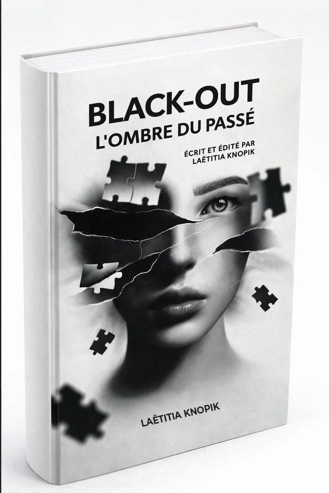 Couverture du roman Black-out, l'ombre du passé de Laëtitia Knopik : un visage de femme en noir et blanc fragmenté en pièces de puzzle