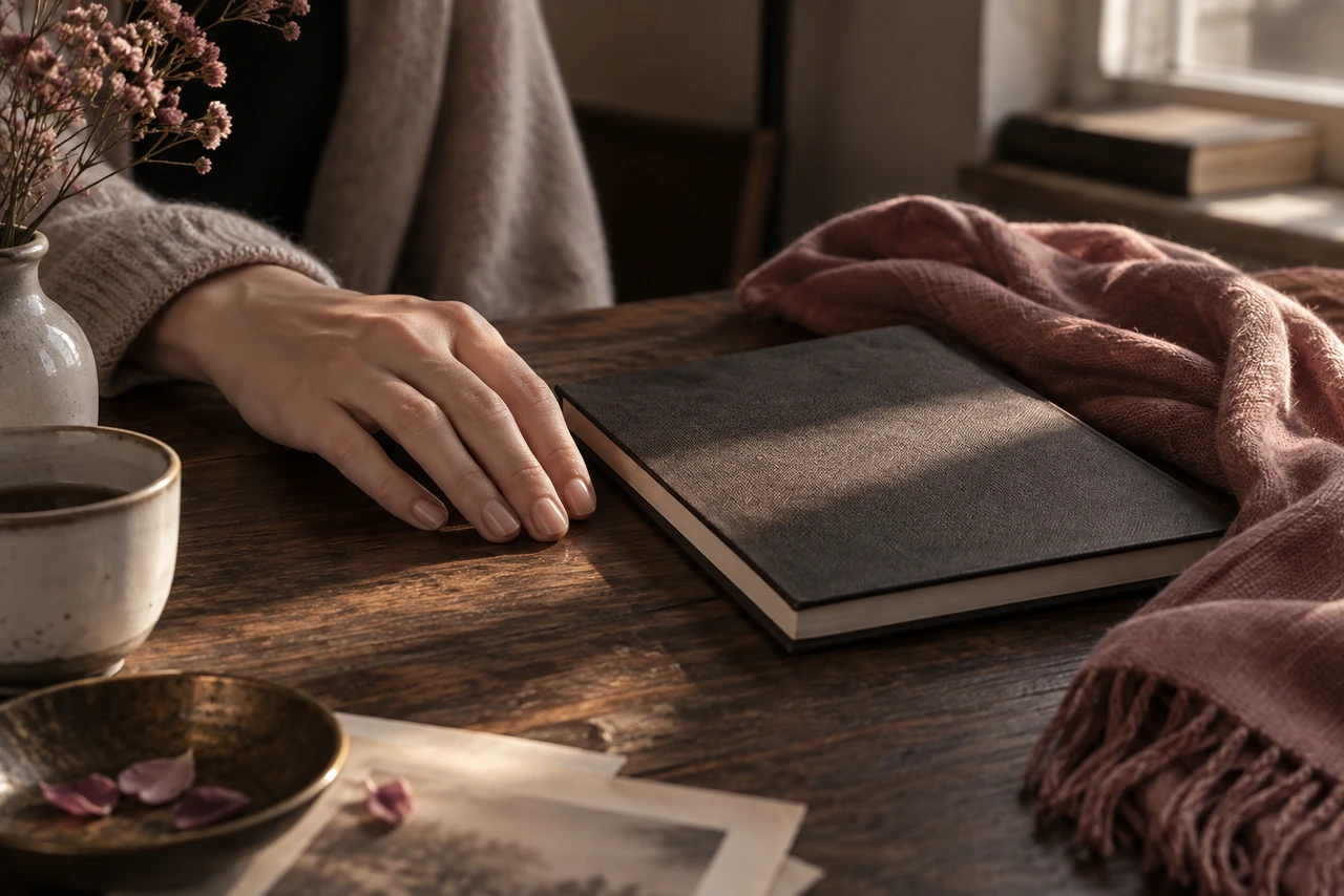 Main posée près d'un livre fermé à couverture sombre sur une table en bois au soleil : le temps d'un roman psychologique