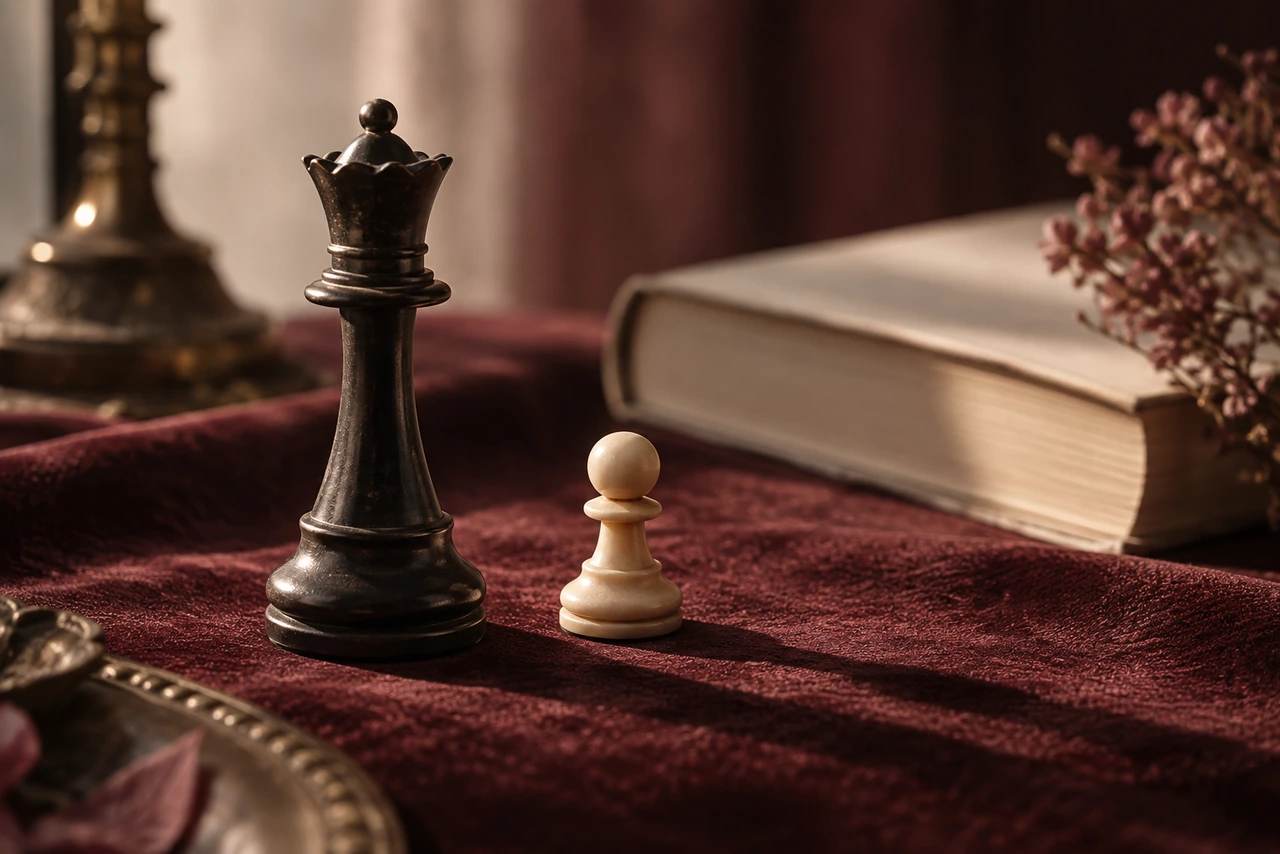 Reine d'échecs noire face à un petit pion blanc sur un velours bordeaux, près d'un vieux livre : l'antagoniste de roman