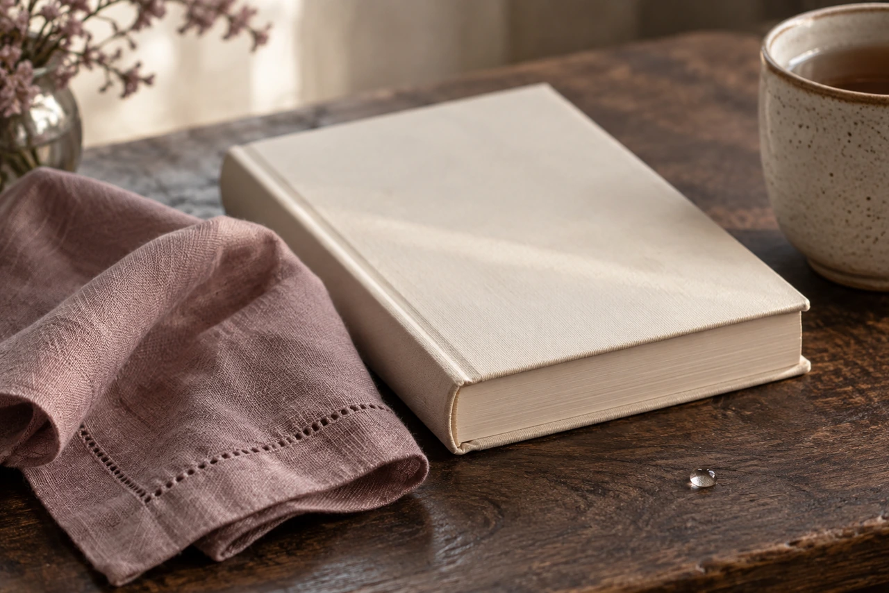 Livre fermé à couverture crème sur une table sombre, serviette en lin et goutte d'eau : l'émotion d'un roman bouleversant