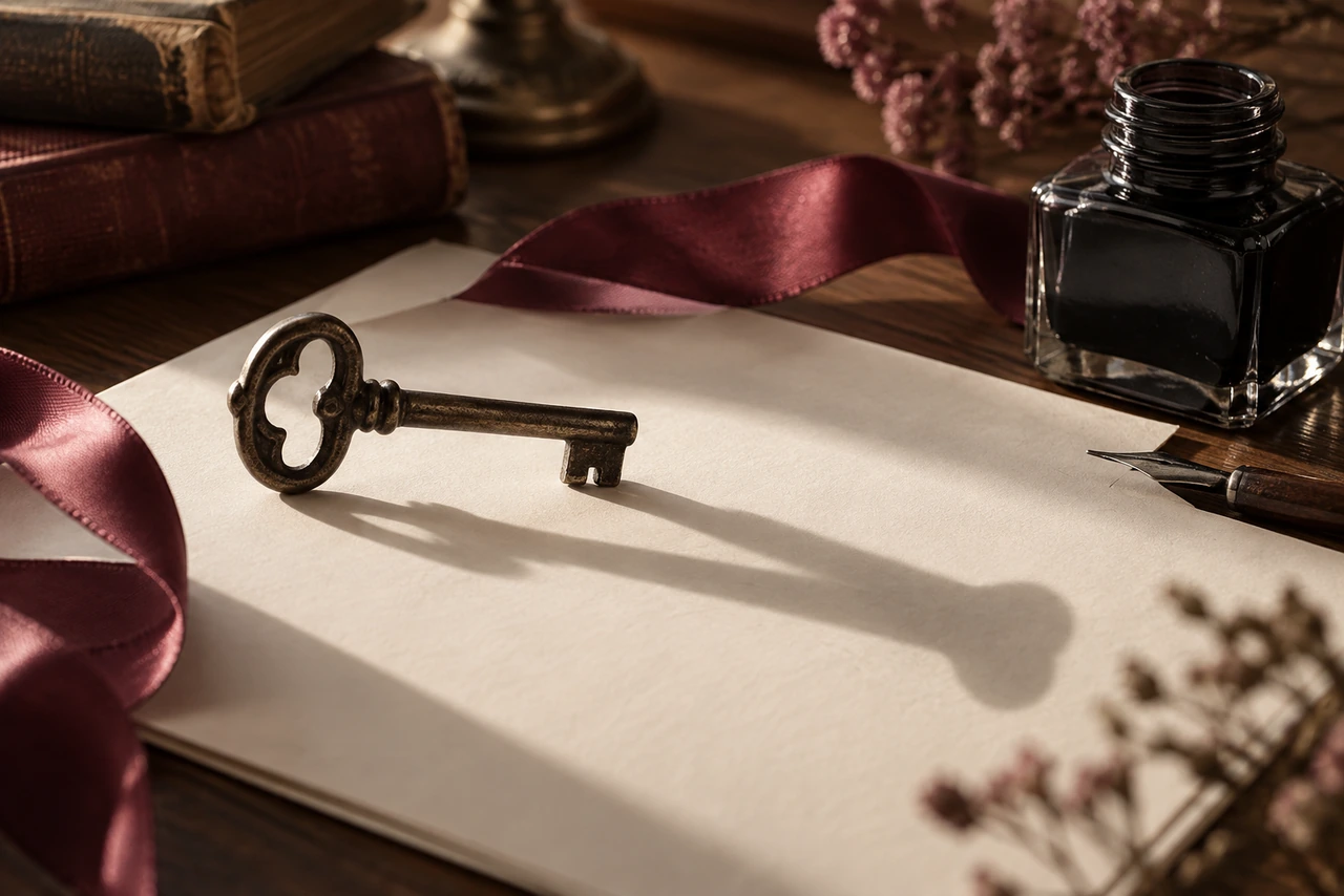 Clé ancienne projetant son ombre sur une feuille crème, entre ruban bordeaux et encrier : le suspense psychologique en objets